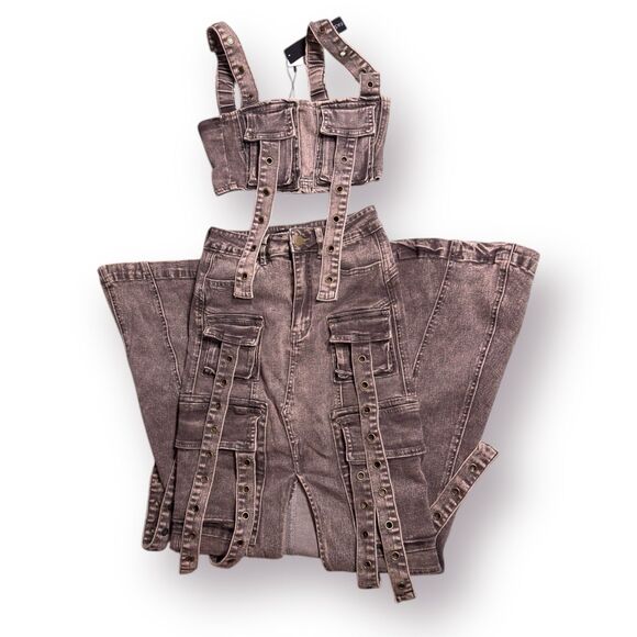 Fashion Nova Acting Up Denim Skirt Set Black/Grey‎ Size Small New - Picture 8 of 10